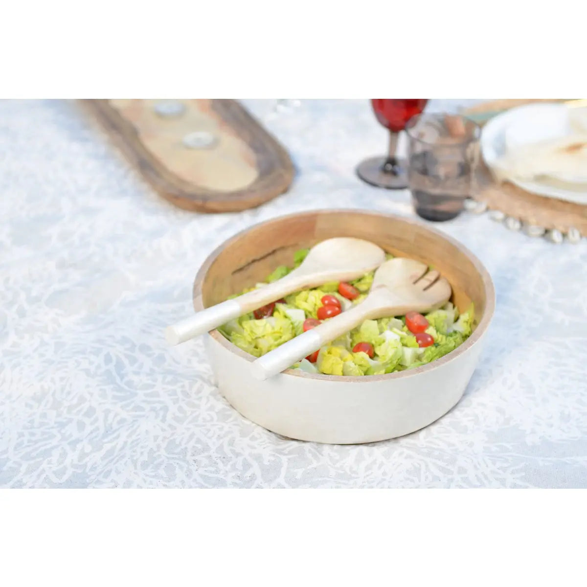 Saladier et couverts a salade blanc et bois manguier AULICA