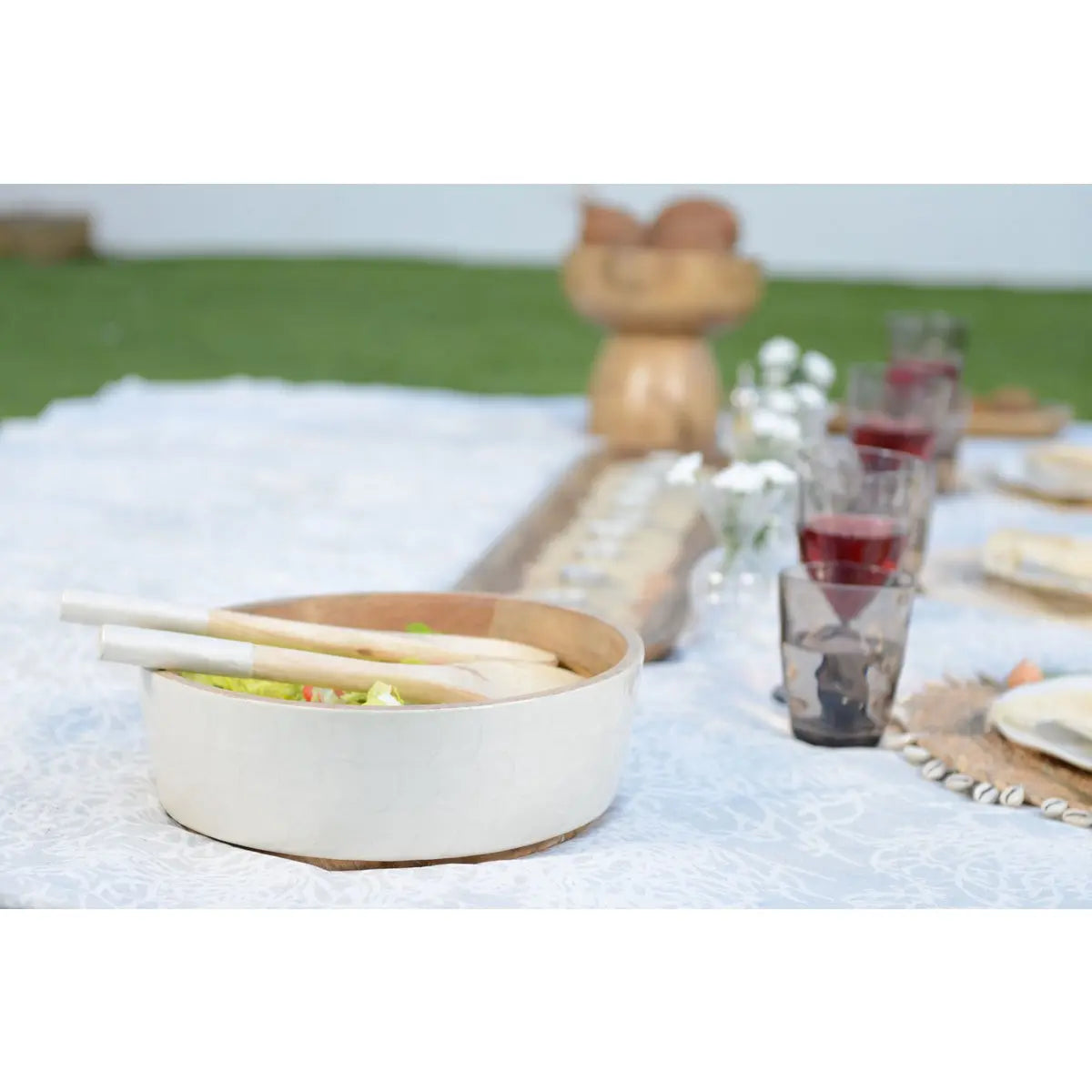 Saladier et couverts a salade blanc et bois manguier AULICA