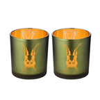 Set de 2 photophores lapin en verre, extérieur vert / intérieur or, motif lapin, hauteur 8 cm, ø 7 cm EDZARD-SHOP.com