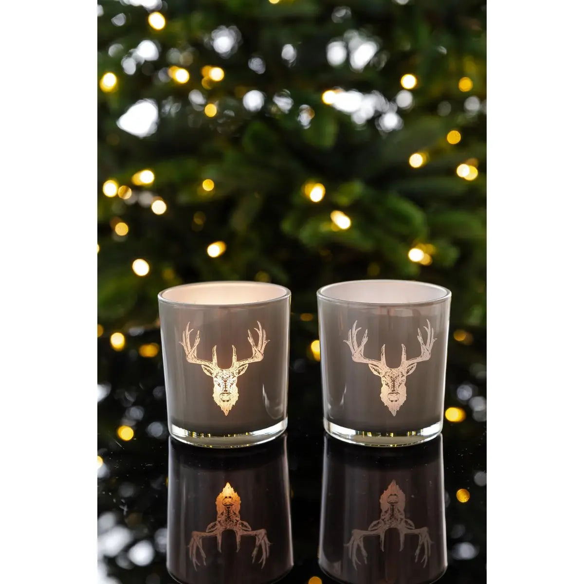 Set de 2 verres à bougies Eto (hauteur 8 cm, Ø 7 cm), gris, lanterne avec motif cerf EDZARD-SHOP.com