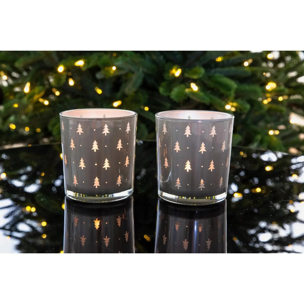 Set de 2 verres à bougies chauffe-plat Tani (hauteur 8 cm, ø 7 cm), gris, lanterne avec motif sapin EDZARD-SHOP.com