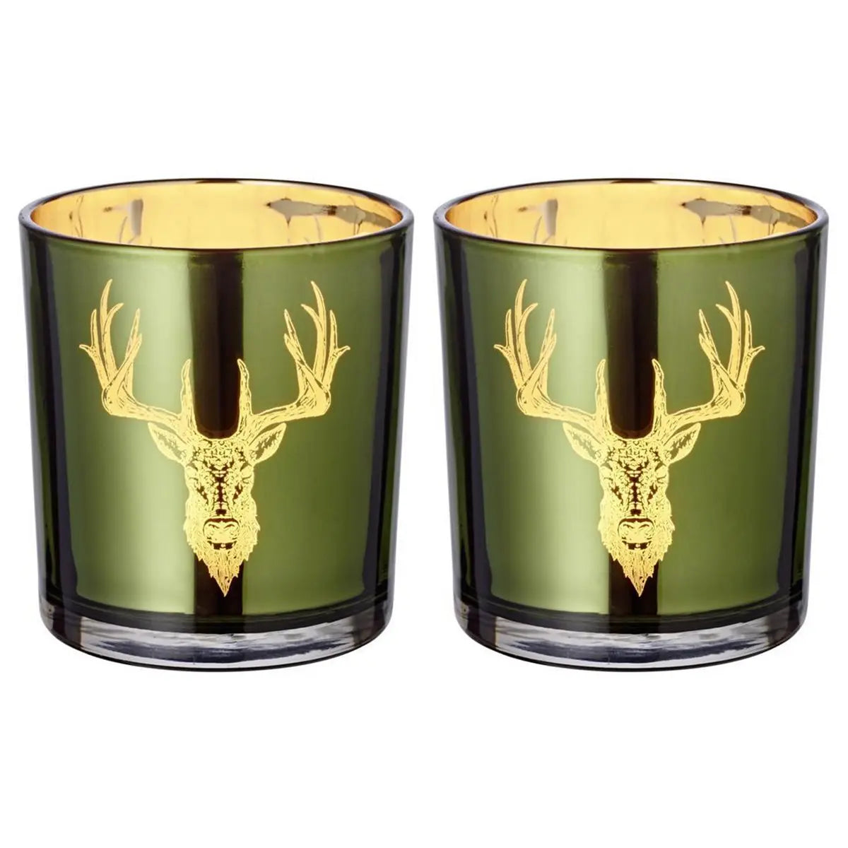 Set de 2 verres à bougies chauffe-plat Ted (hauteur 8 cm, ø 7 cm), extérieur vert / intérieur or, lanterne à motif cerf EDZARD-SHOP.com