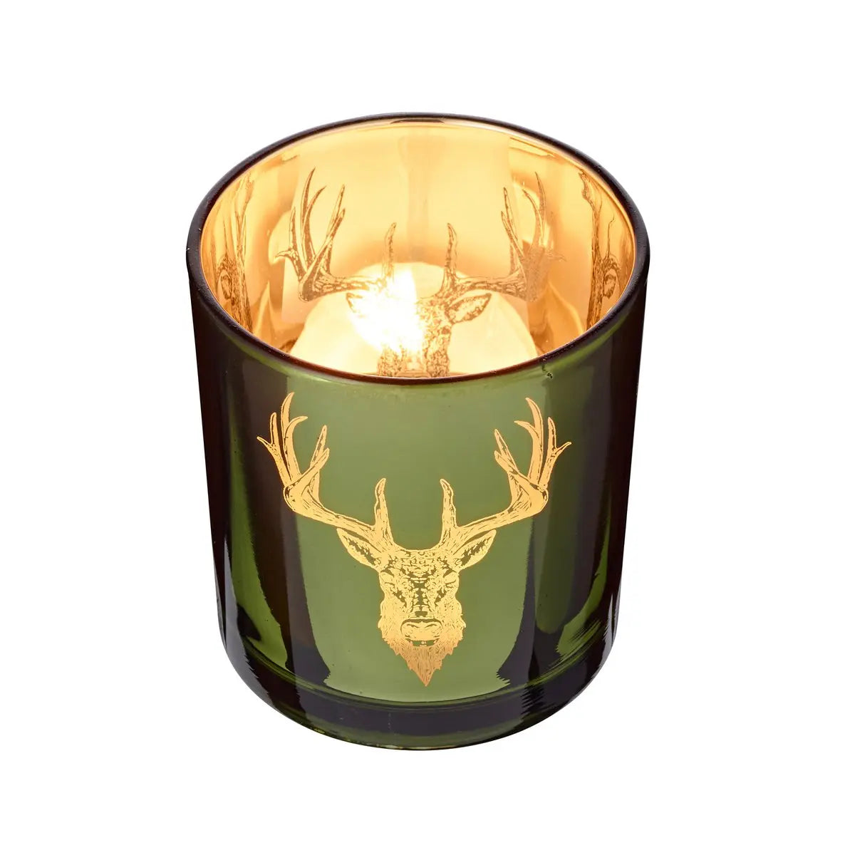 Set de 2 verres à bougies chauffe-plat Ted (hauteur 8 cm, ø 7 cm), extérieur vert / intérieur or, lanterne à motif cerf EDZARD-SHOP.com