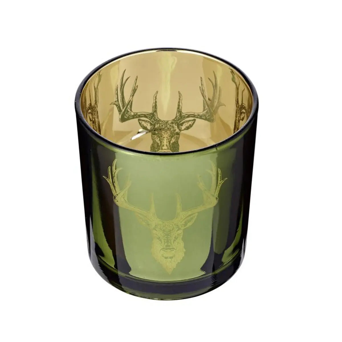 Set de 2 verres à bougies chauffe-plat Ted (hauteur 8 cm, ø 7 cm), extérieur vert / intérieur or, lanterne à motif cerf EDZARD-SHOP.com