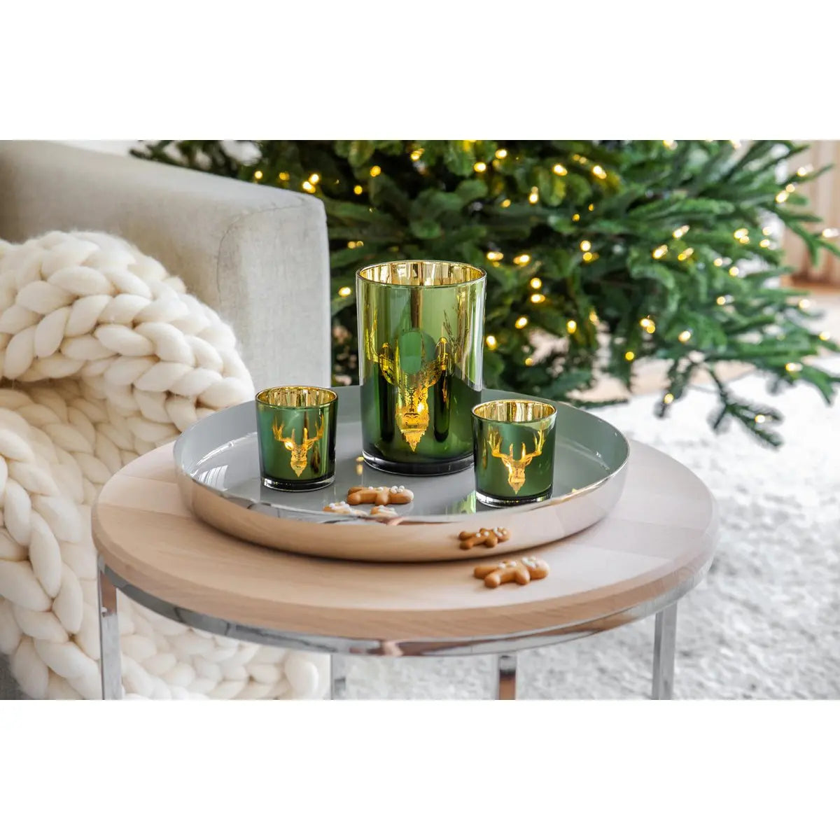 Set de 2 verres à bougies chauffe-plat Ted (hauteur 8 cm, ø 7 cm), extérieur vert / intérieur or, lanterne à motif cerf EDZARD-SHOP.com