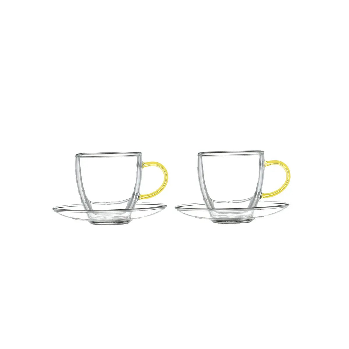 Tasses et sous-tasses double paroi anse jaune -  lot de 2 AULICA