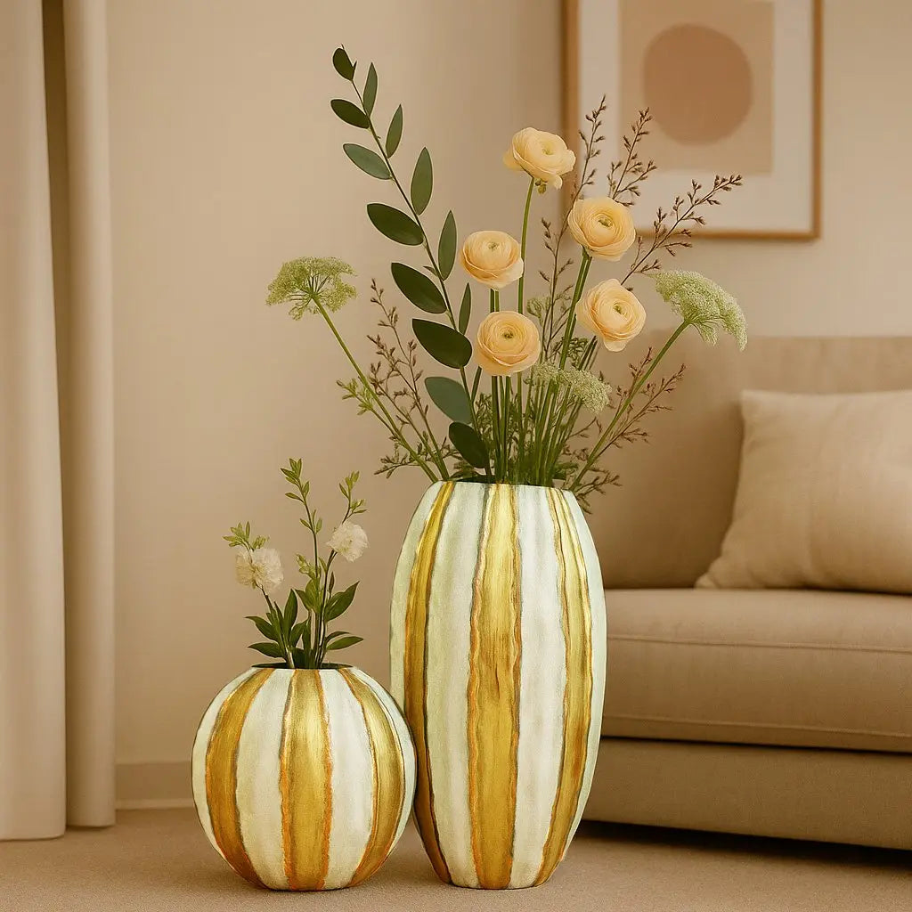 Vase blanc et doré rayé en polyrésine 47x47x41cm AULICA
