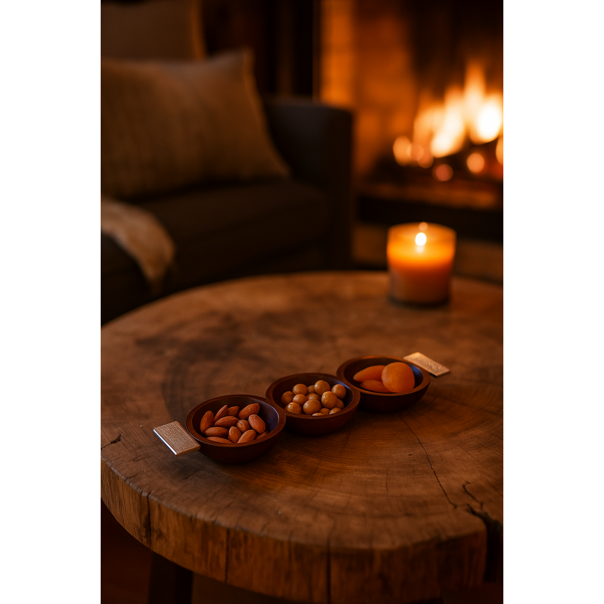 Set apéritif 3 coupelles en bois avec poignées argent