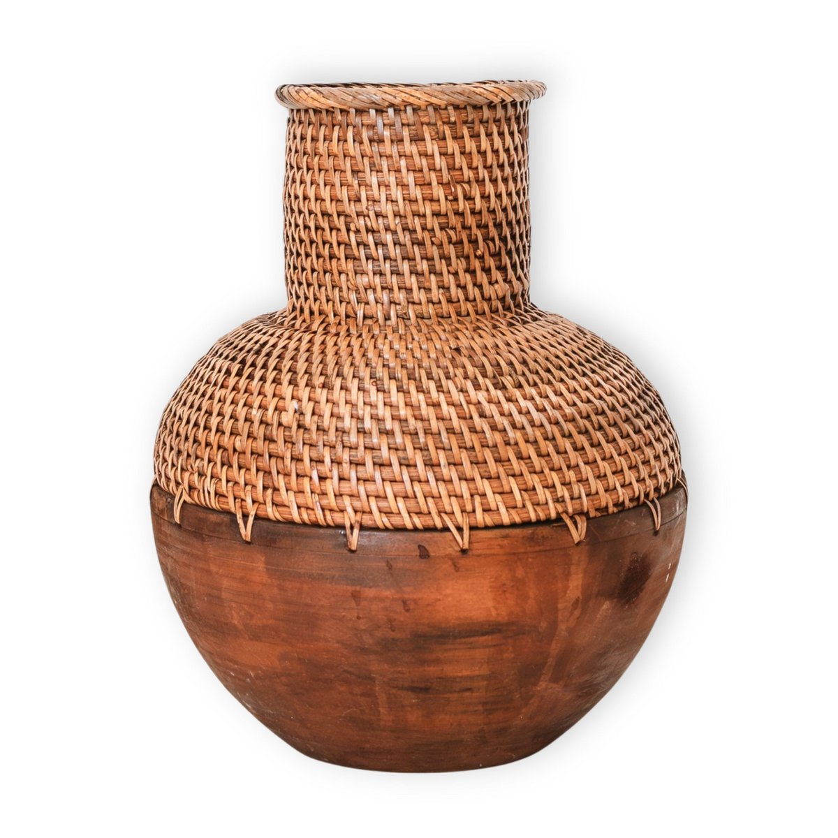 Vase en rotin – Vase en bois – Vase pour fleurs séchées – Petit vase en rotin – Vase décoratif bohème en rotin tressé et bois (Ø 22 cm) KAMARI marron